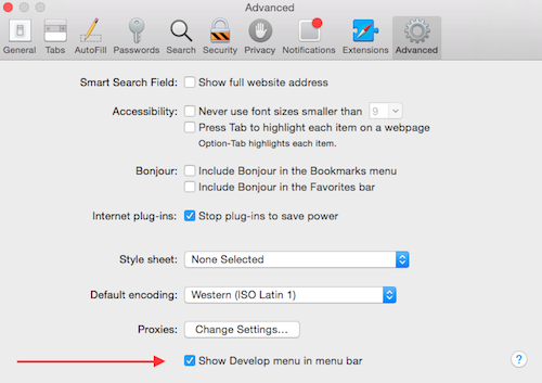 Safari Advanced Preferences - Show Develop menu in menu bar