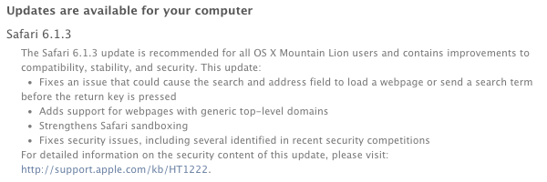 Safari 6.1.3 update notice