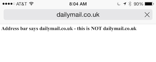 Screenshot of Safari address-spoof exploit on iPhone 6 Plus