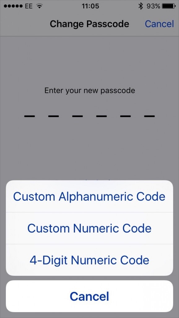 Passcode options in iOS 9