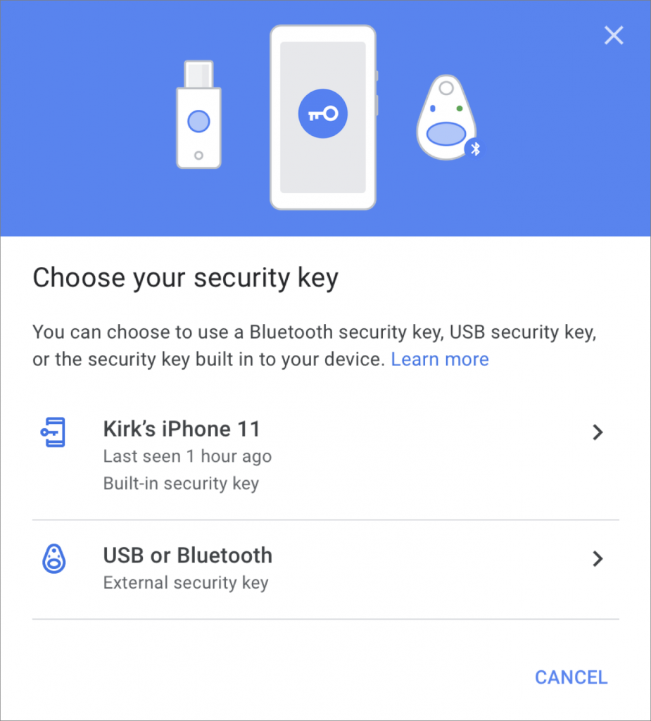 Security Key for Google. Device use for Bluetooth. Enroll Security Key. Built in Key.