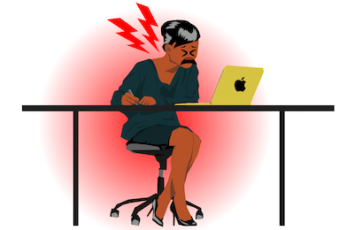 woman sitting at computer with painful bad posture - ergonomics how-to -- expression via `Tired face Egg Head Emoji` CC-BY Christian Mohr, DE, https://thenounproject.com/mom-digital/collection/egg-head-emojis/?i=1616903