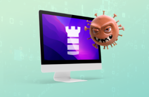 Macs need antivirus software - malware monster virus hovering by iMac