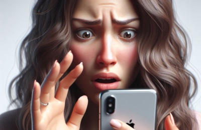 Woman with concerned, worried, upset face, looking at her iPhone (discovering undeleted photos, maybe from someone else if she has a second-hand phone)