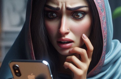 Woman with concerned, worried, upset face, looking at her iPhone (after receiving a porn blackmail or sextortion email)