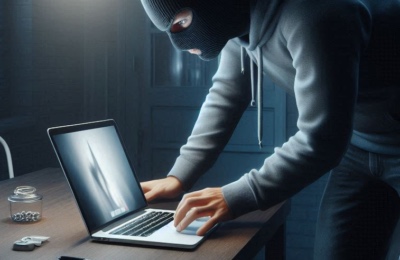 Burglar (thief, robber) stealing an Apple MacBook Pro laptop