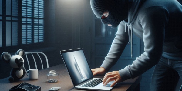 Burglar (thief, robber) stealing an Apple MacBook Pro laptop