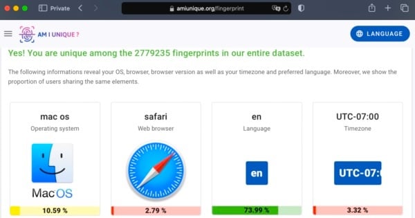 Am I unique dot org result for Safari on macOS, saying, Yes! You are unique among the fingerprints in our entire data set.