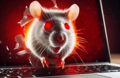 An evil RAT representing macOS Mac malware emerging from jumping out of Apple MacBook Pro screen OSX/HZRAT