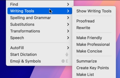 Apple Intelligence writing tools contextual menu