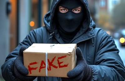 fake package delivery scam text or e-mail USPS UPS FedEx DHL postal carrier wearing mask