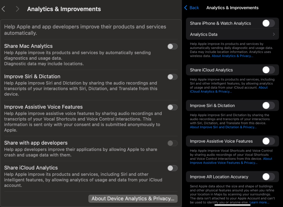 Screenshot of Analytics and Improvements Settings on macOS and iOS