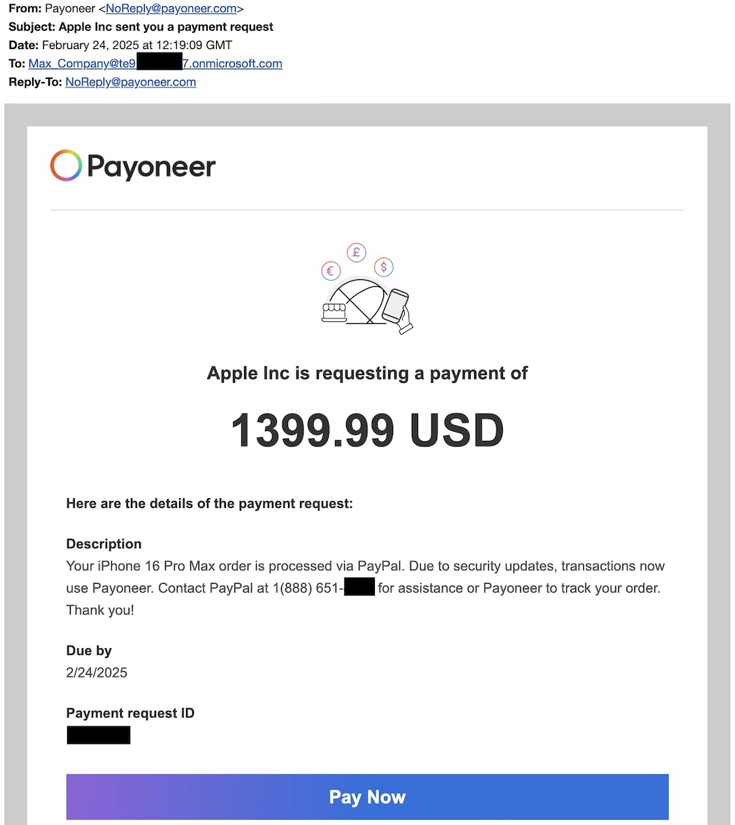 Apple Inc sent you a payment request - Payoneer e-mail scam