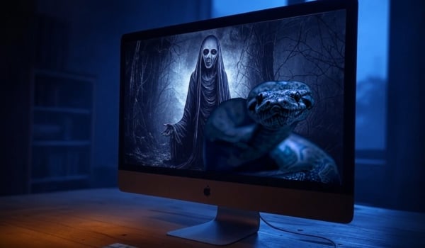 Mac malware on an iMac with a ghostly figure and a python, representing OSX/Adload adware