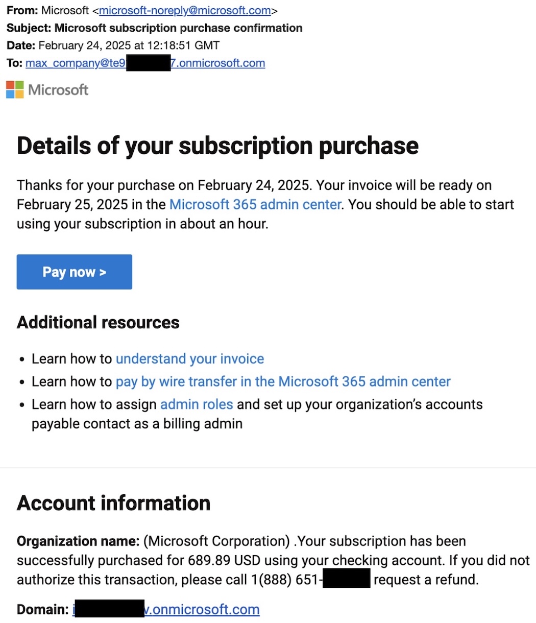 Microsoft subscription purchase confirmation - email scam