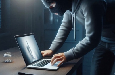 Burglar (thief, robber) stealing passwords from an Apple MacBook Pro laptop