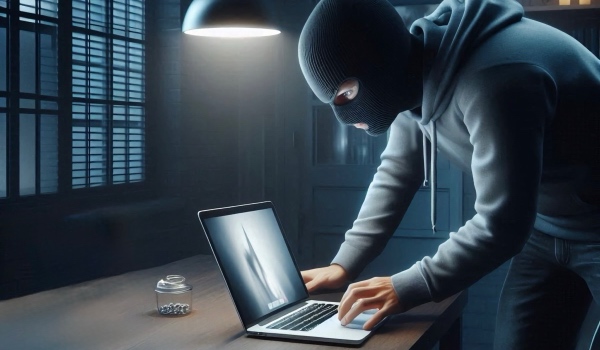 Burglar (thief, robber) stealing passwords from an Apple MacBook Pro laptop