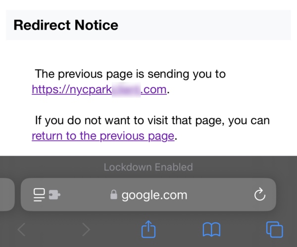 Screenshot of a Google.com redirect interstitial page